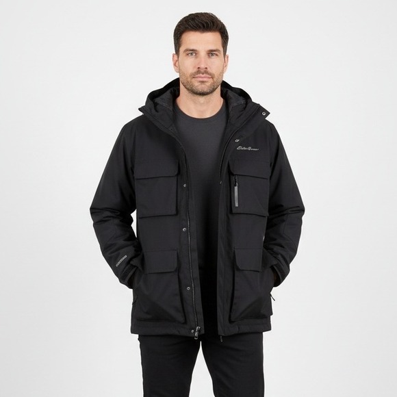 Eddie Bauer Men's All-Mountain Cargo Jacket‎ Large Black Hooded WeatherEdger
